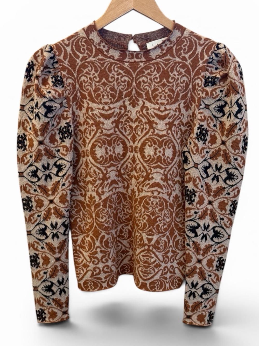 bohme Brown Cream Patterned Puff Sleeve Sweater Like New Size Small